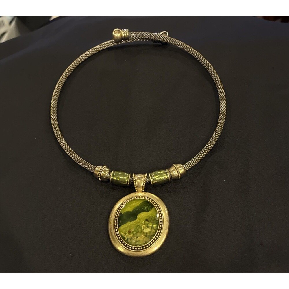 HM Green Resin Cabochon Statement Necklace Mesh Collar Antiqued Brass Tone